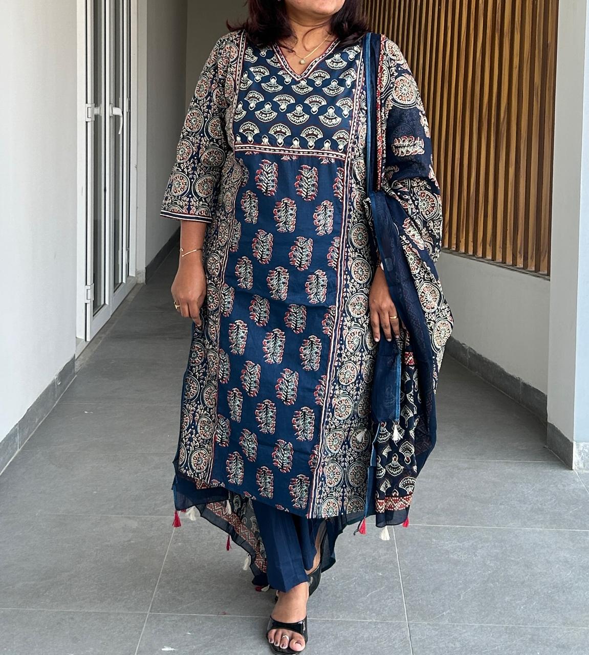 RMS171 - Navy blue Bagru print cotton suit