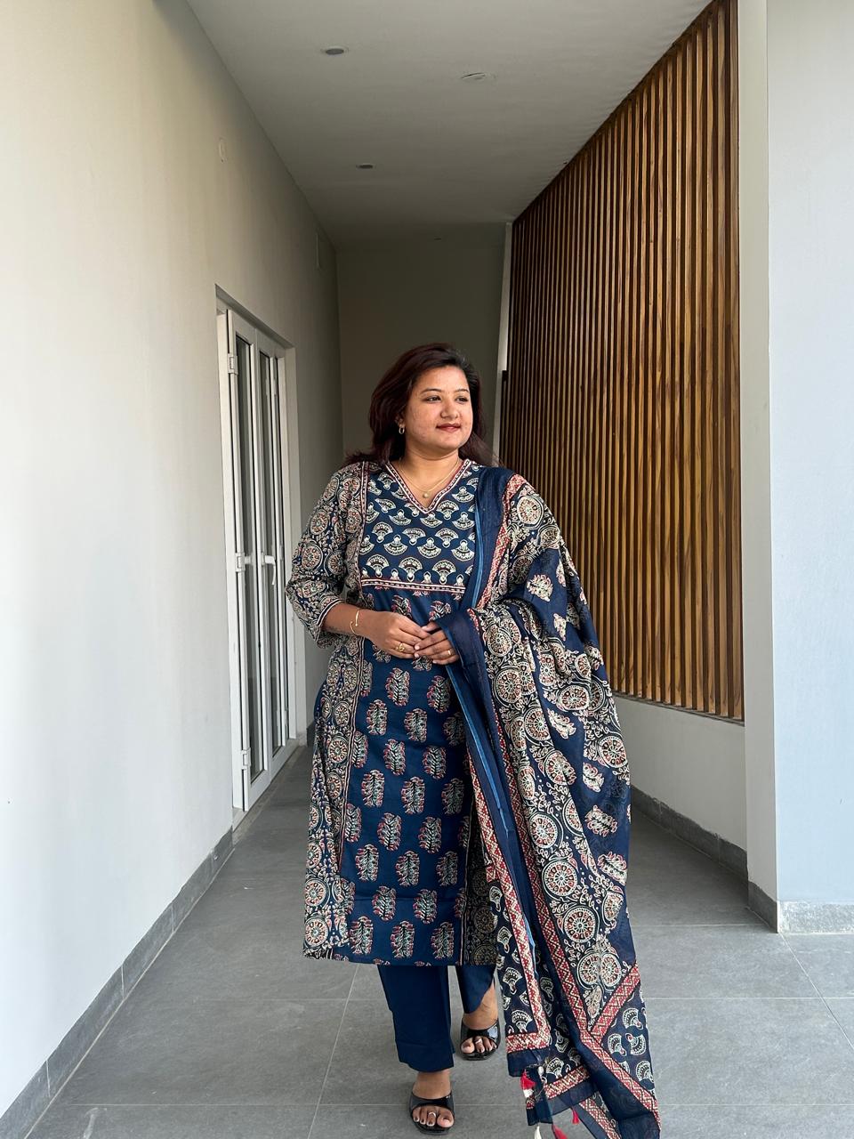 RMS171 - Navy blue Bagru print cotton suit
