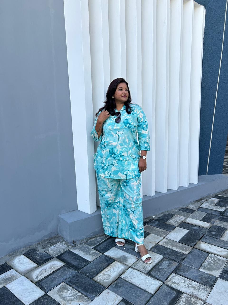 COD034 - Blue & white marble short Co-ords