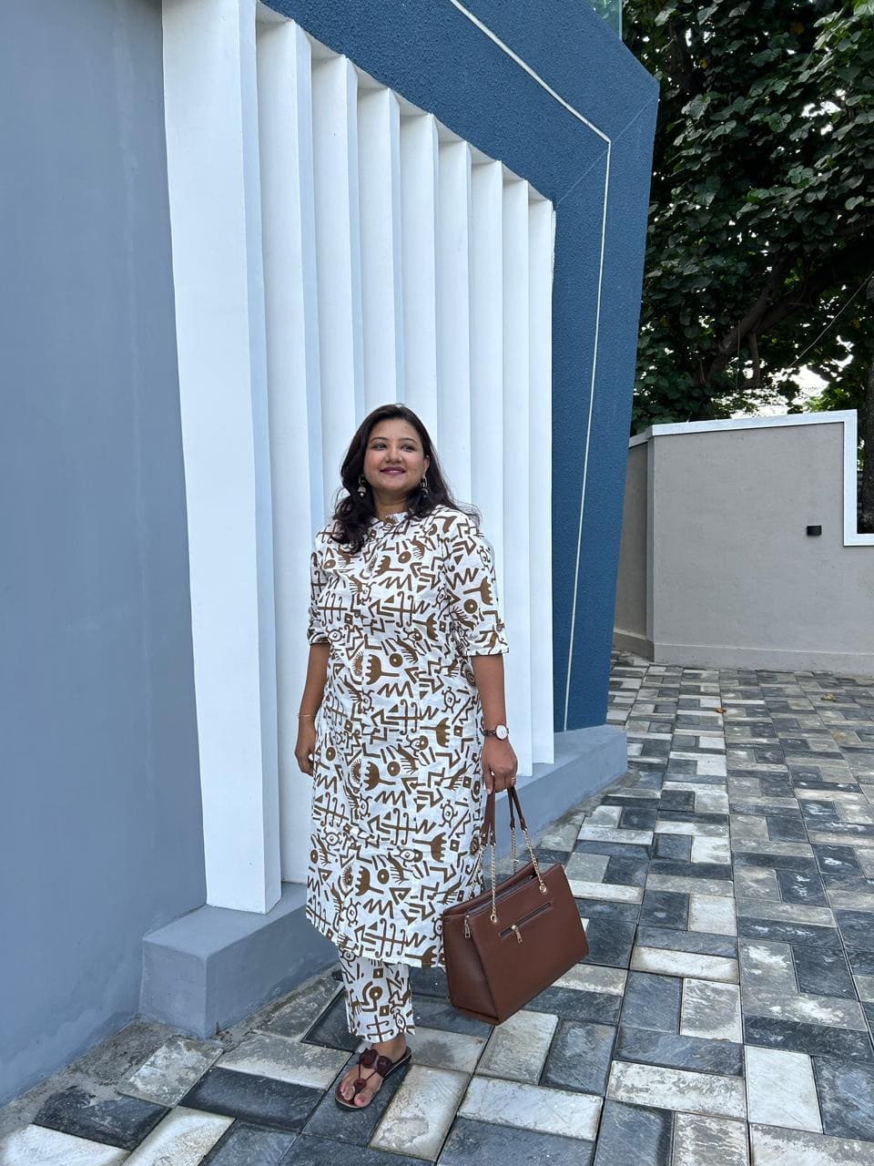 COD035-White with Brown print cotton Co-ord set