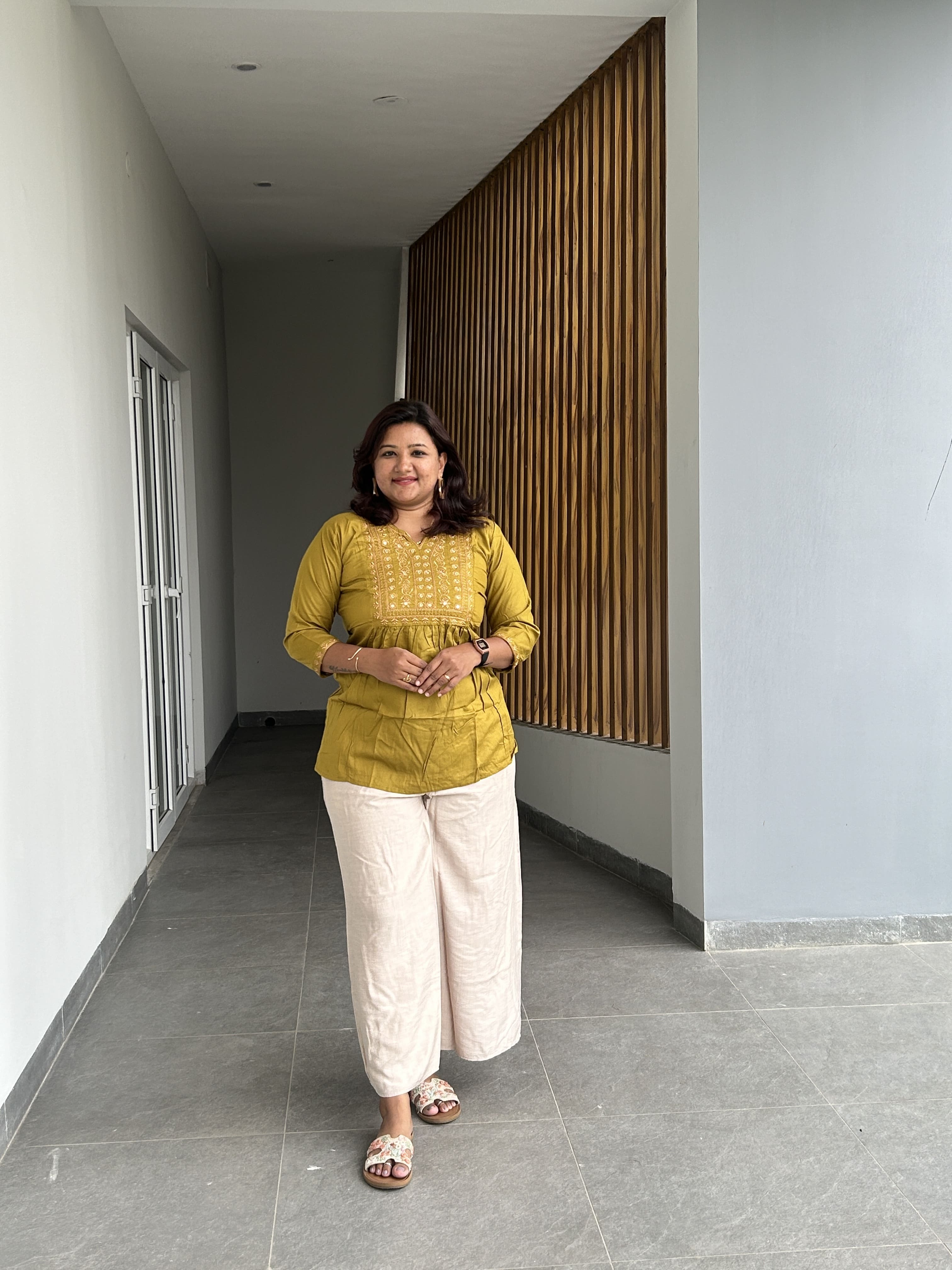 KUR190 - Mehandi Green yoke embroidered short kurti