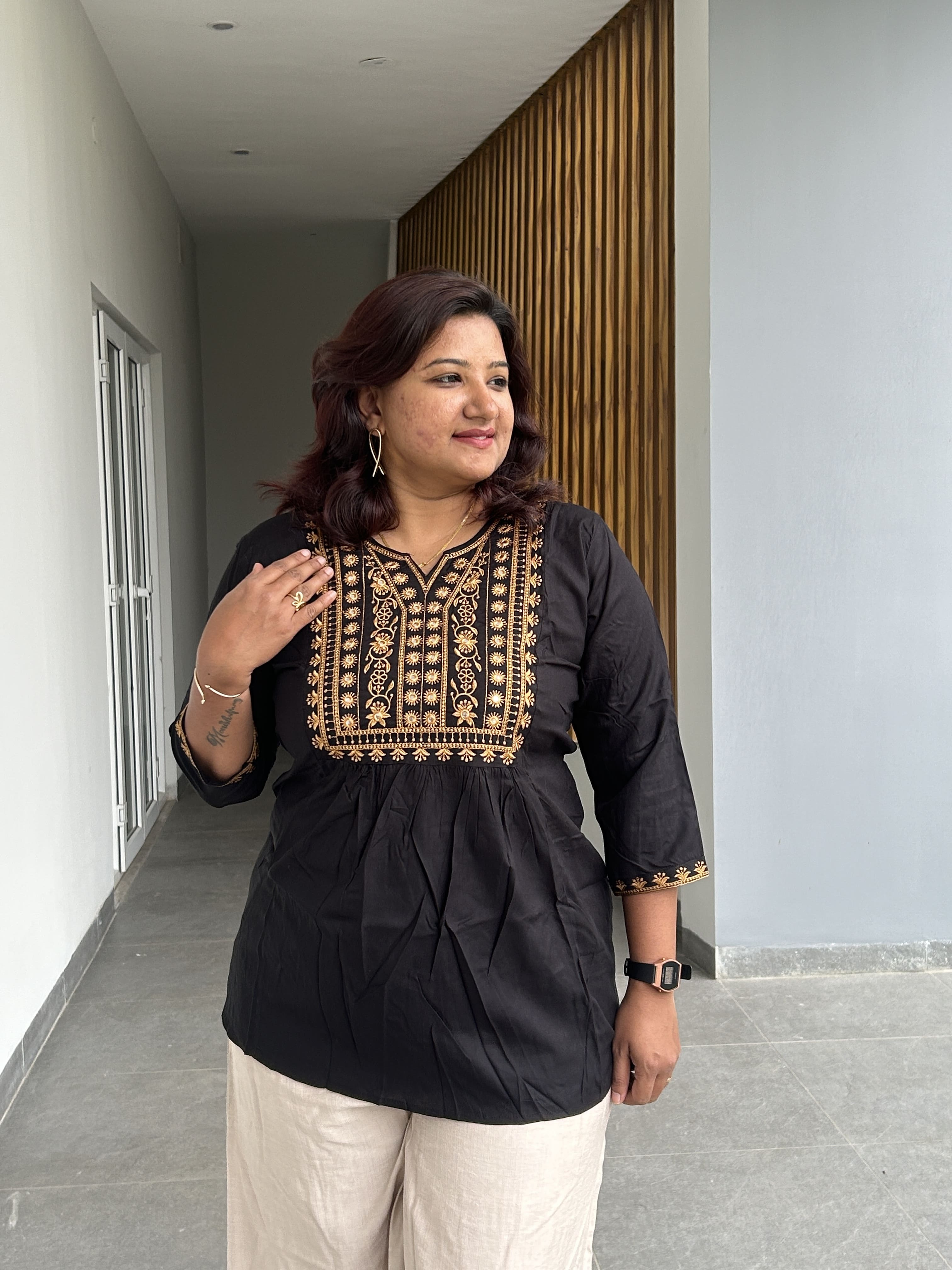 KUR191 - Black yoke embroidered short kurti
