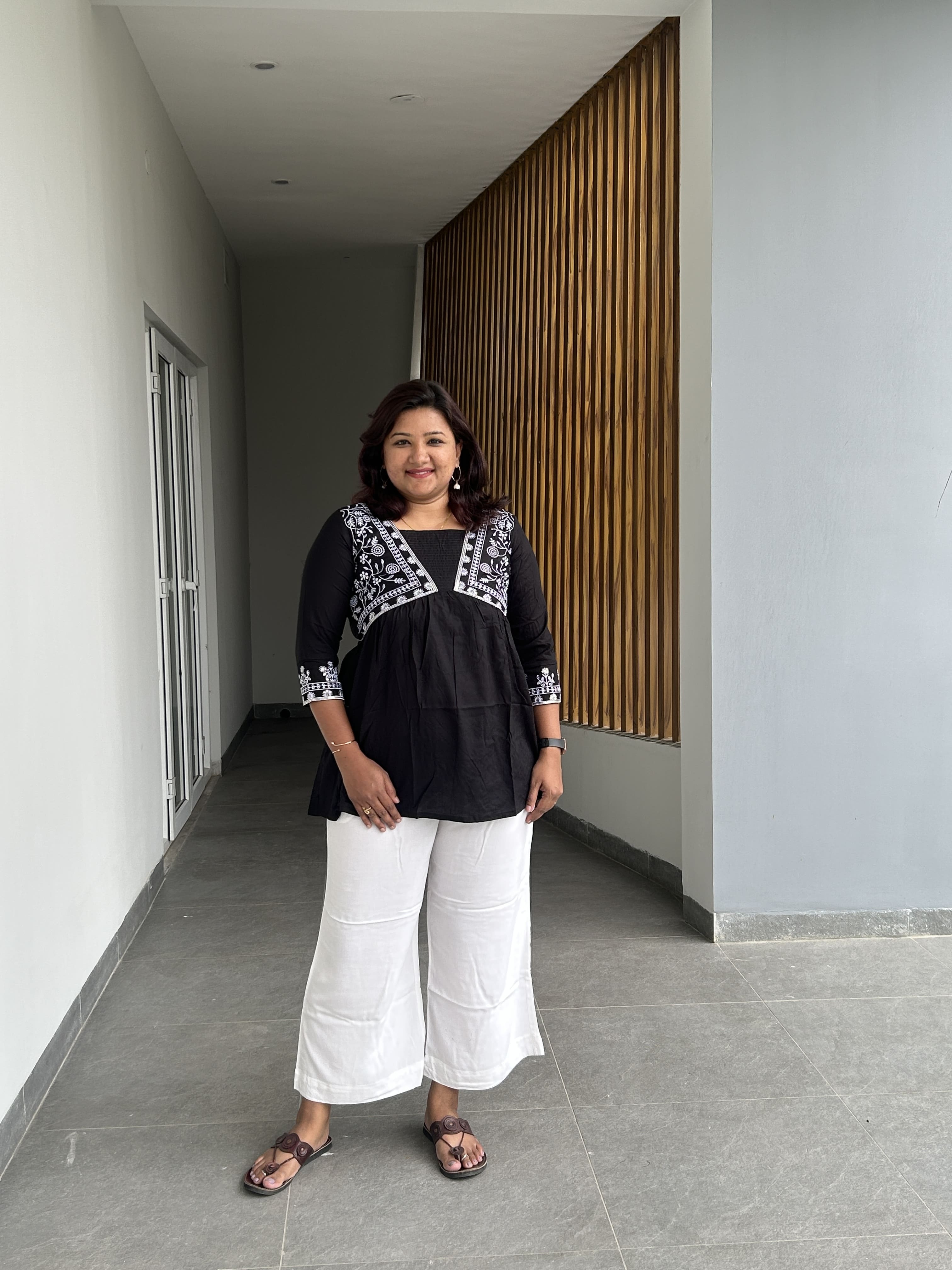 KUR194 - Black & white embroidered short Kurti