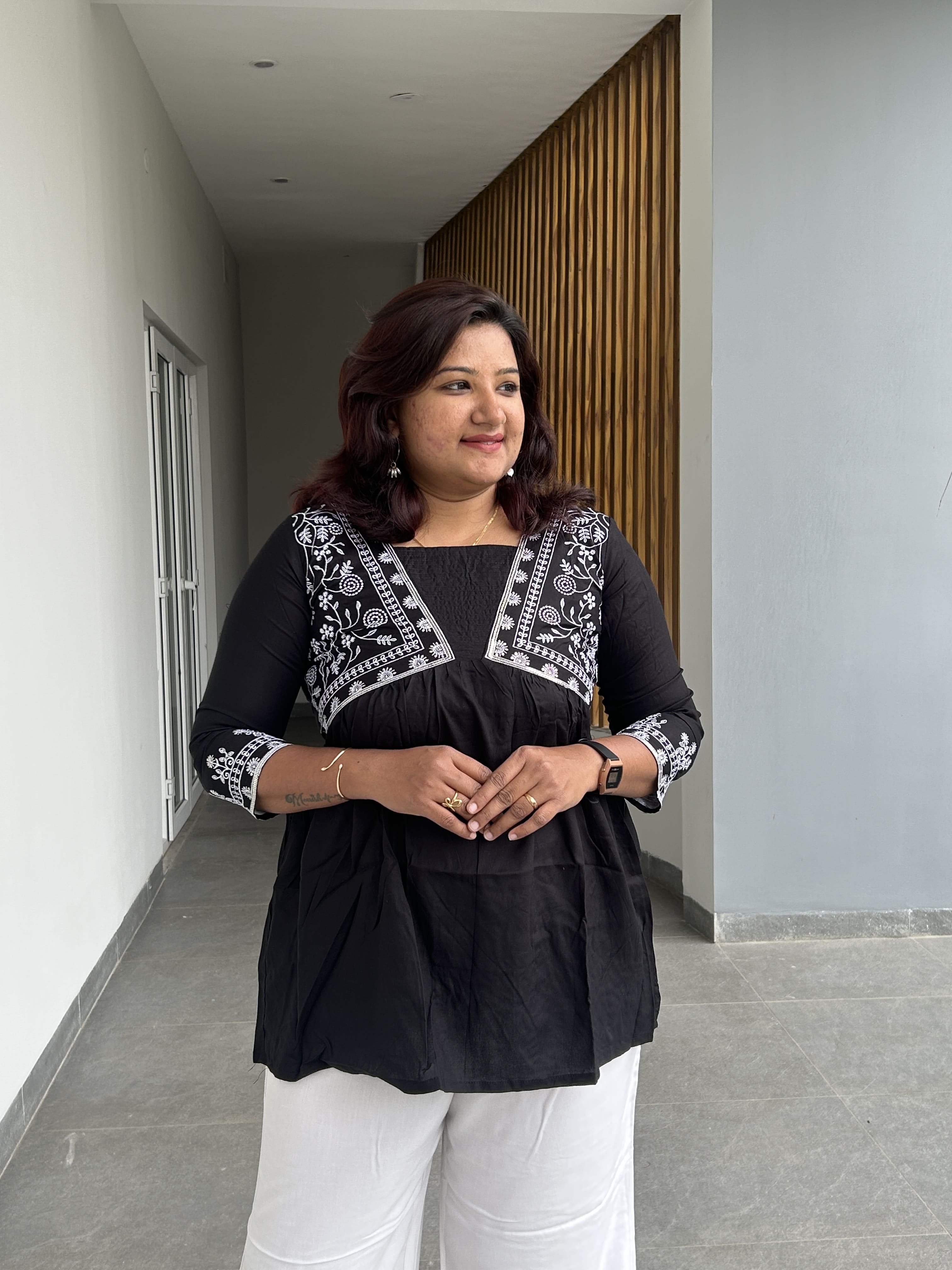 KUR194 - Black & white embroidered short Kurti