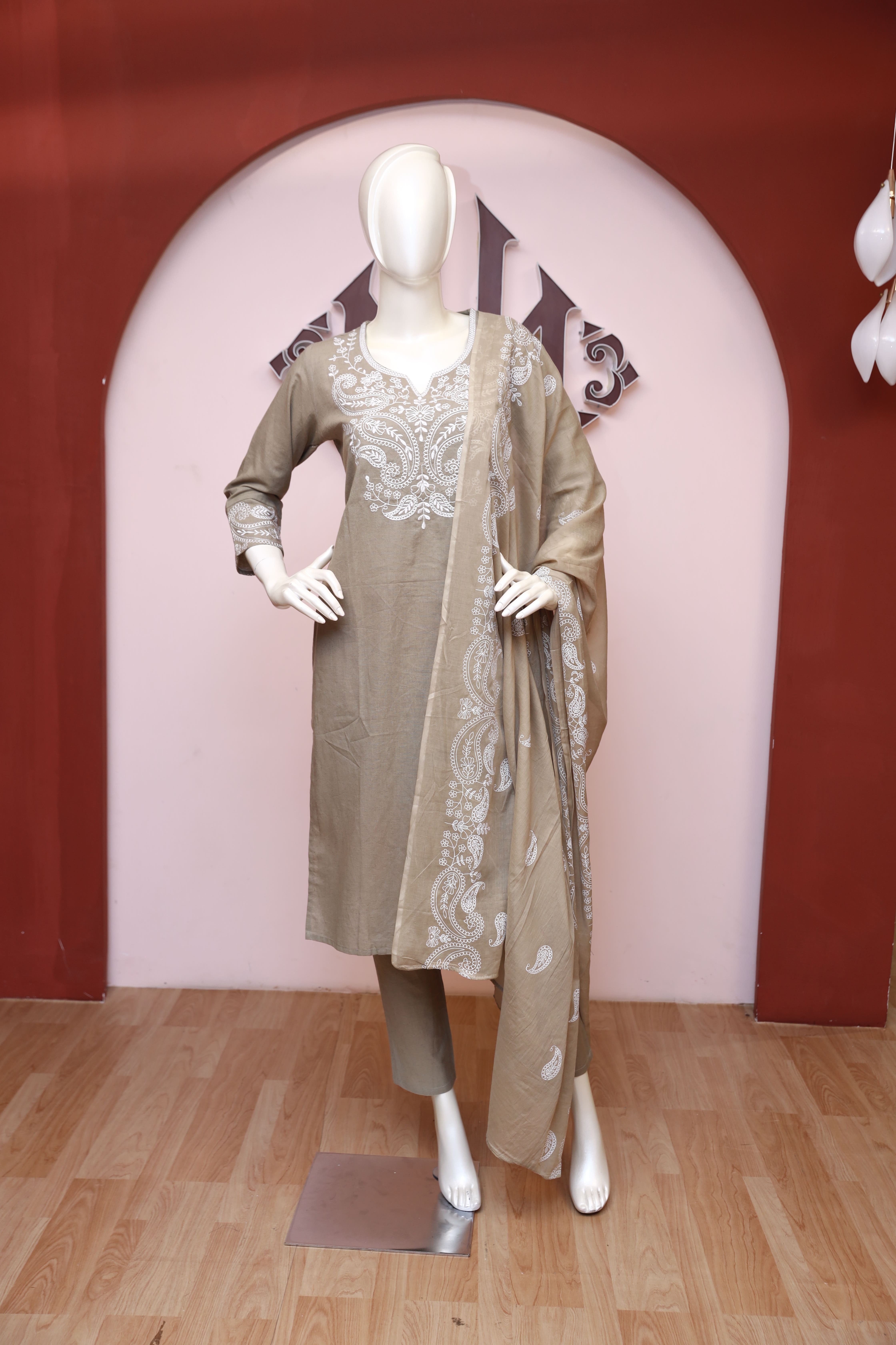 RMS209 - Dusty green Jaipuri embroidered set