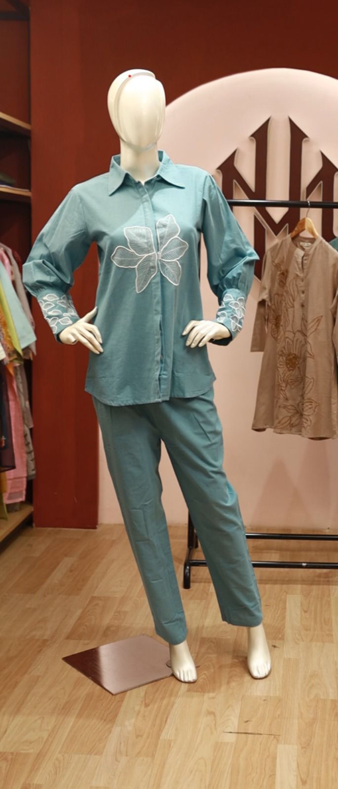 COD051 - Sky blue shirt collar embroidered co-ord set