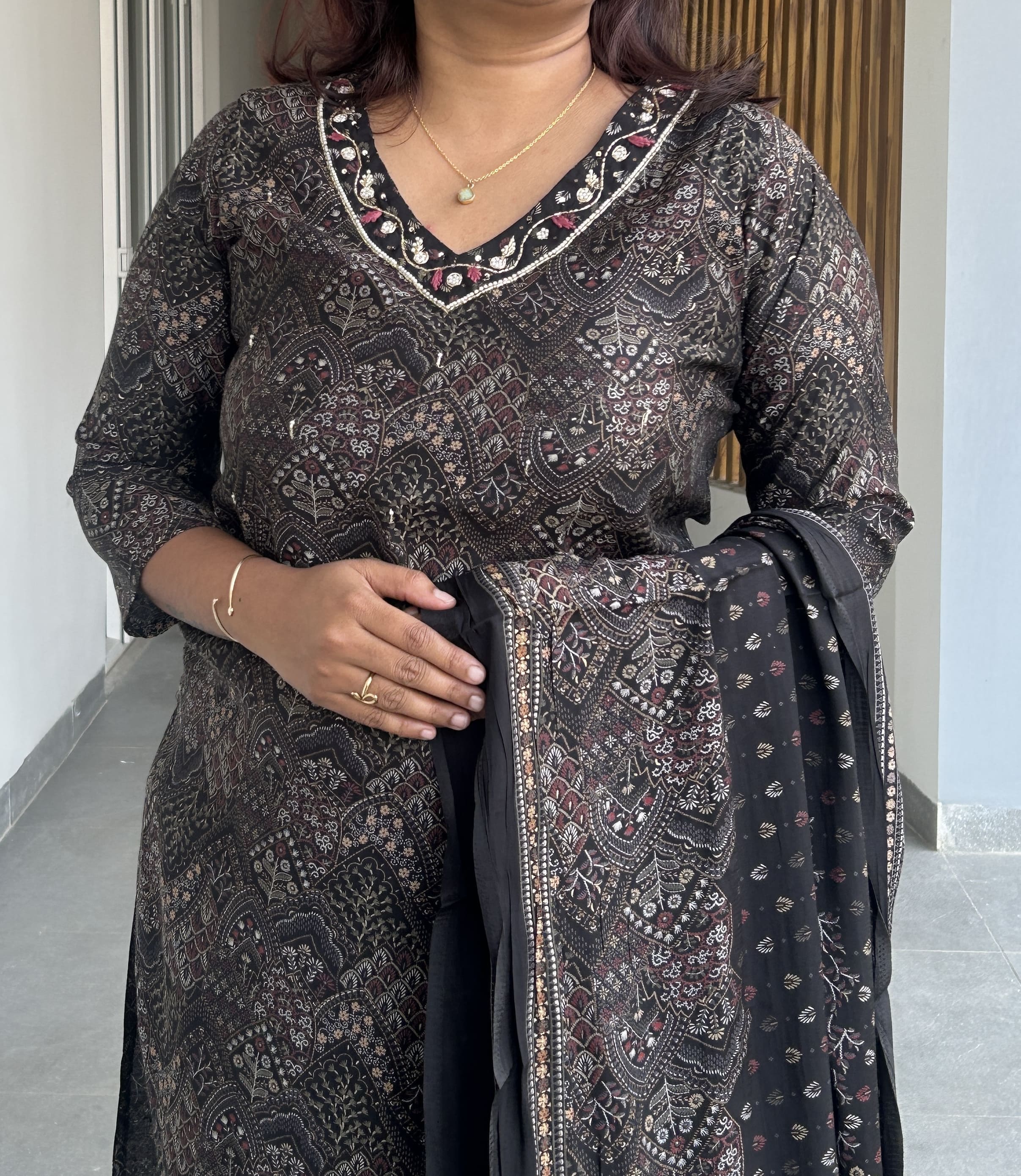 RMS153 - Black Vneck hand embroidered muslin suit