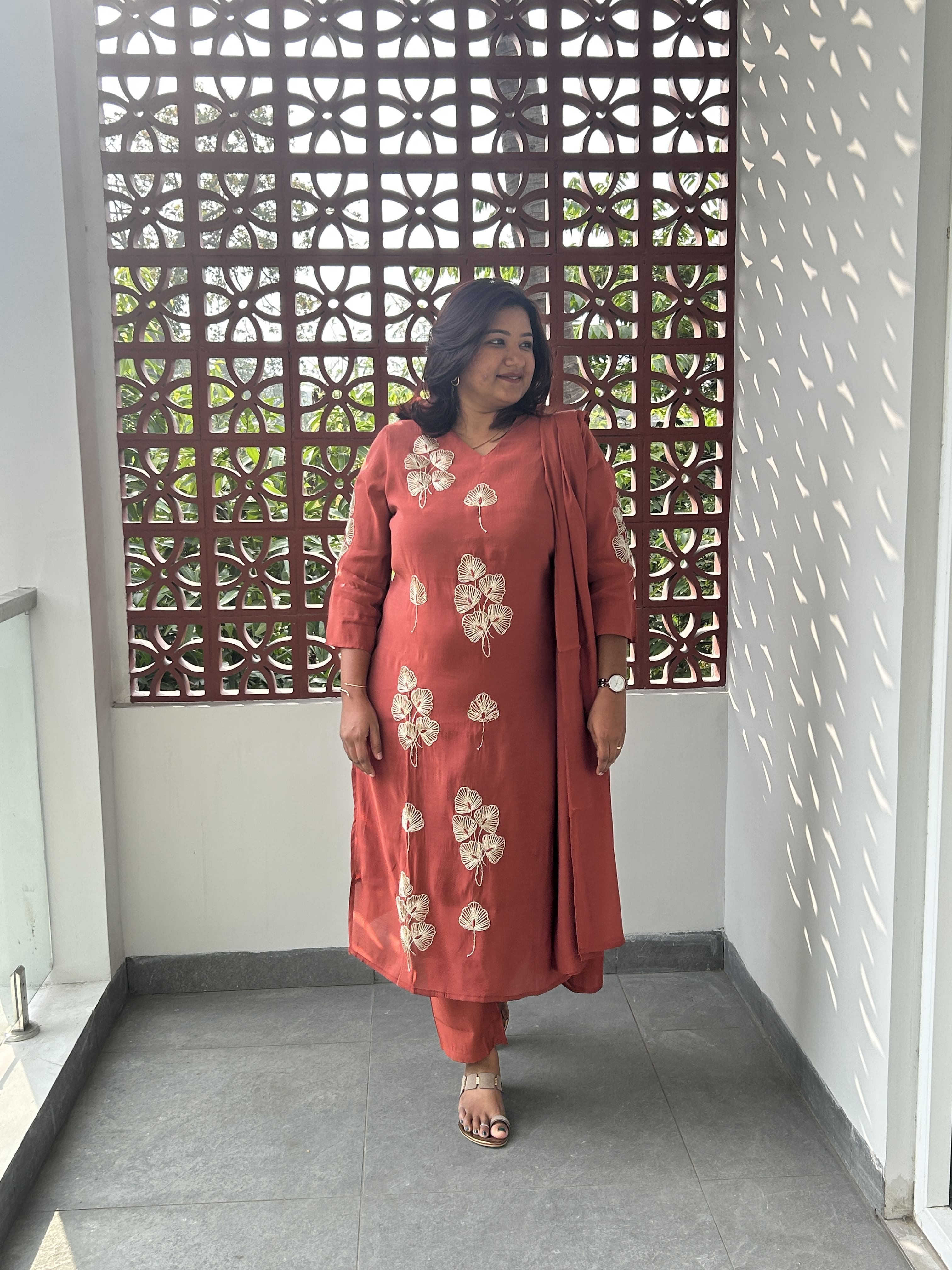 RMS194 - Rust with gold floral embroidered straight suit