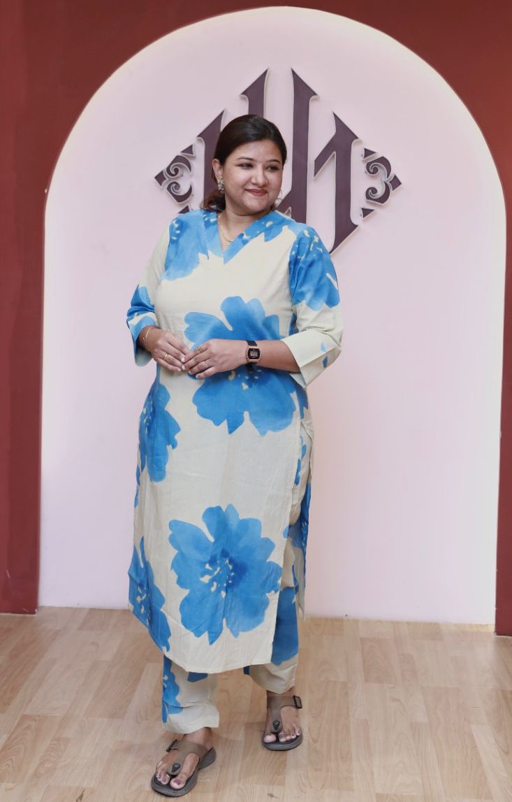 COD057 - Cream with blue floral print long Cotton co-ord set