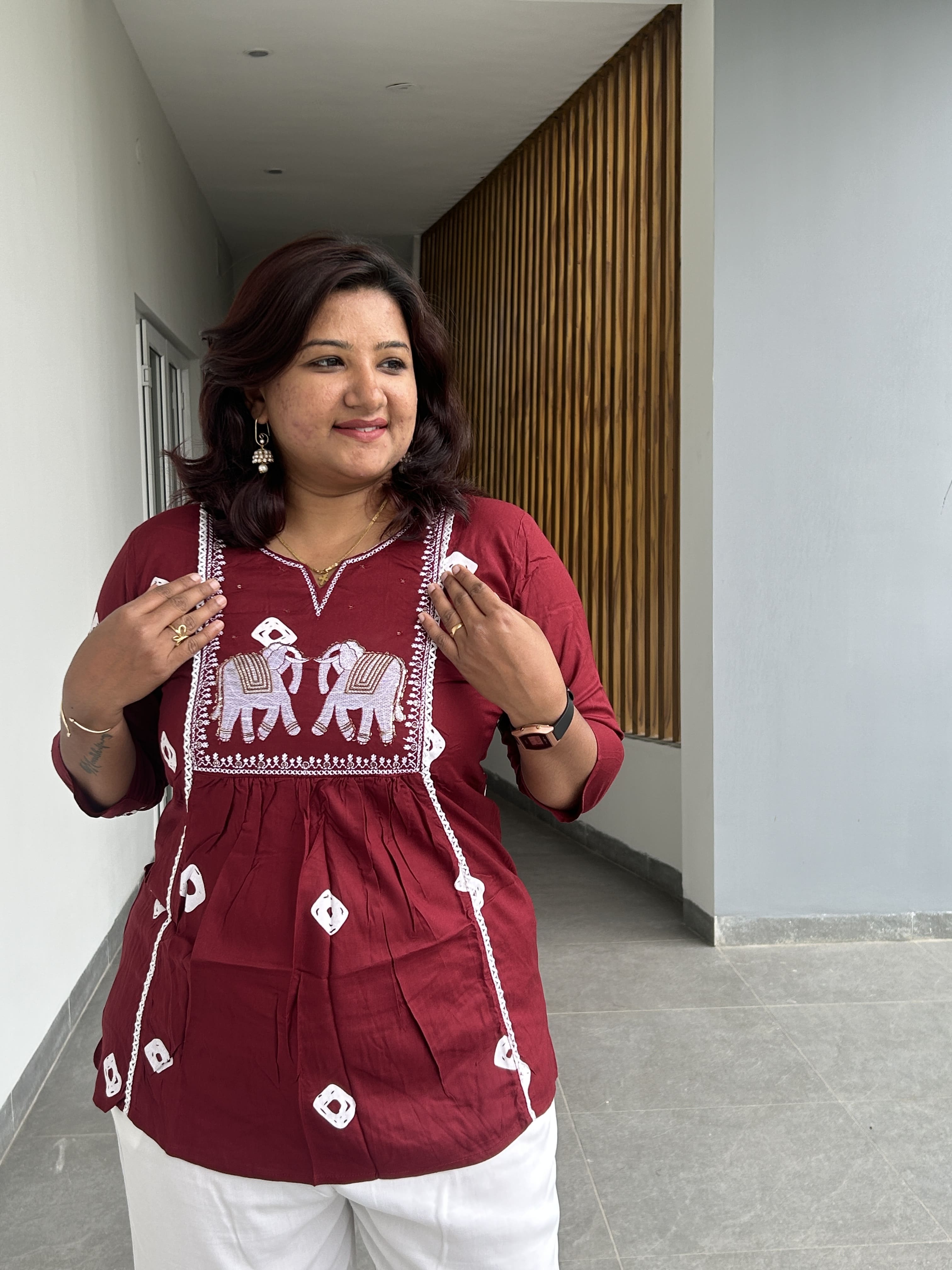 KUR187 - Maroon Elephant embroidered short top