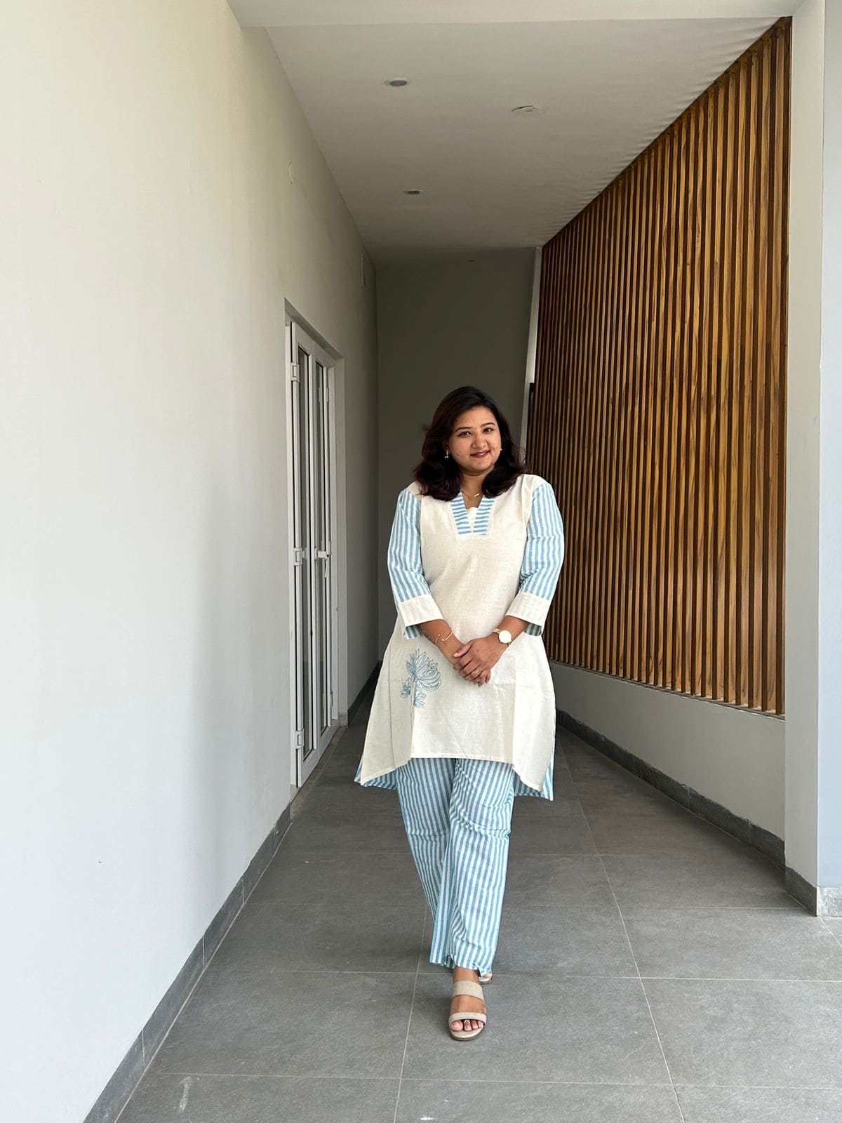 COD055 - White and blue stripes floral embroidered Co-ord set