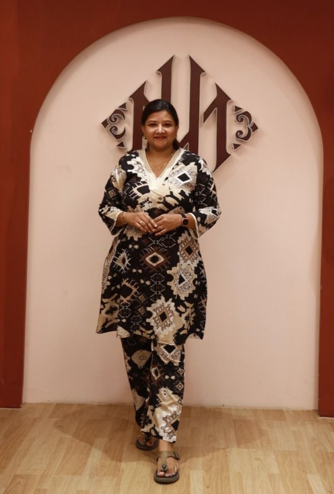 COD044 - Black with beige lace work neck long co-ord