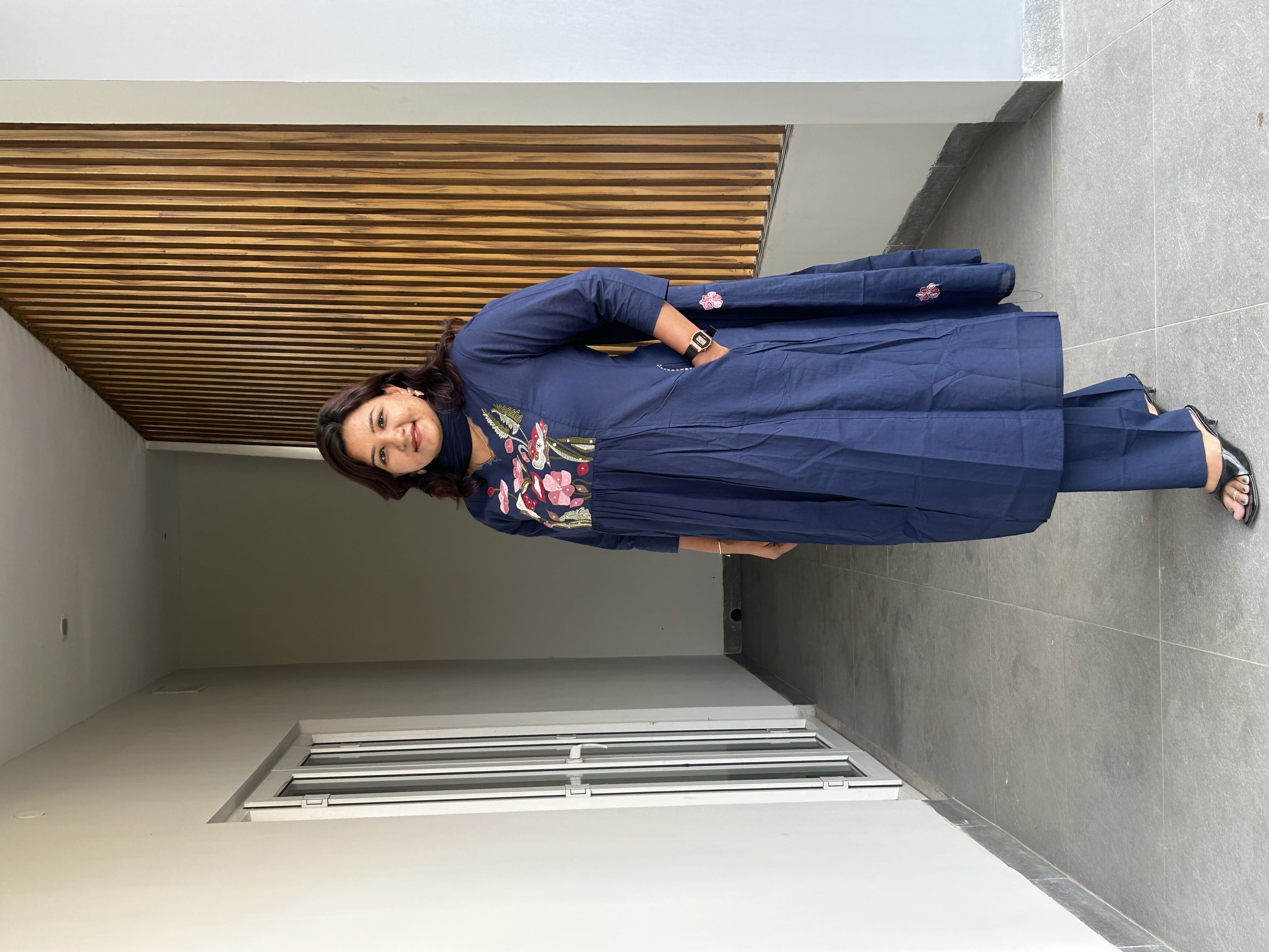 RMS164 - Navy blue floral embroidered yoke cotton A-line suit