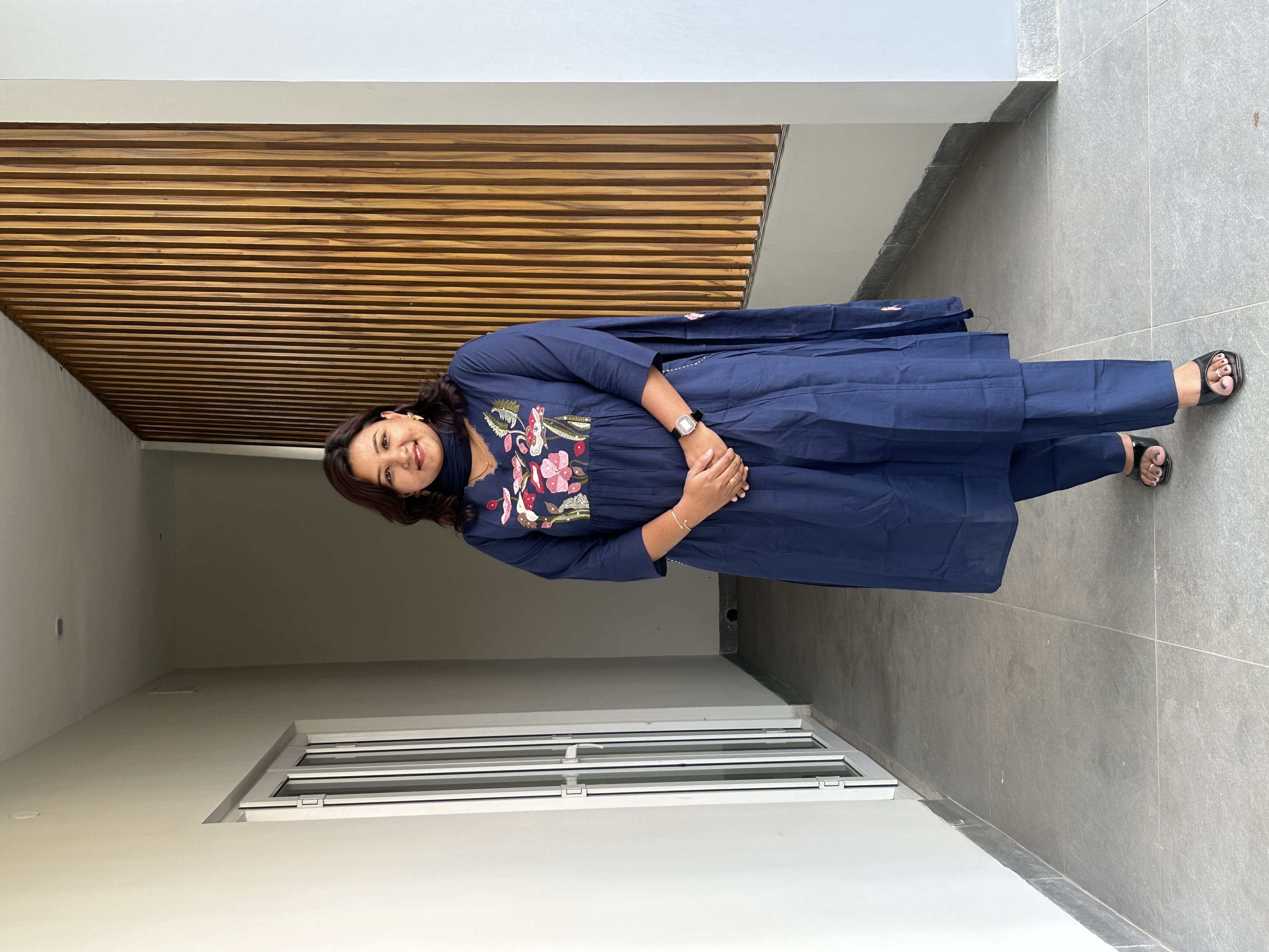 RMS164 - Navy blue floral embroidered yoke cotton A-line suit