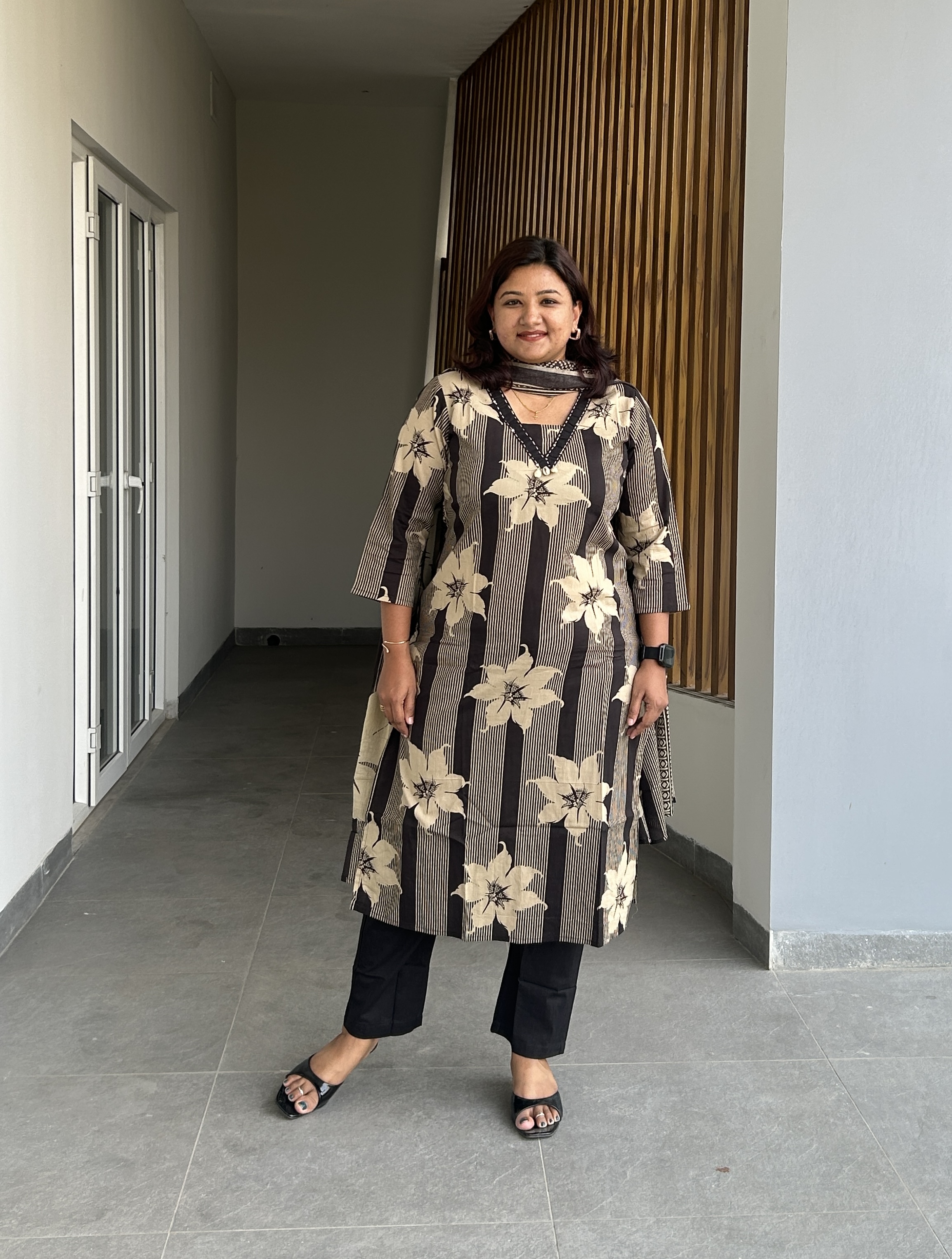 RMS149 - Warm Grey & Black Jaipur cotton suit with printed cotton dupatta