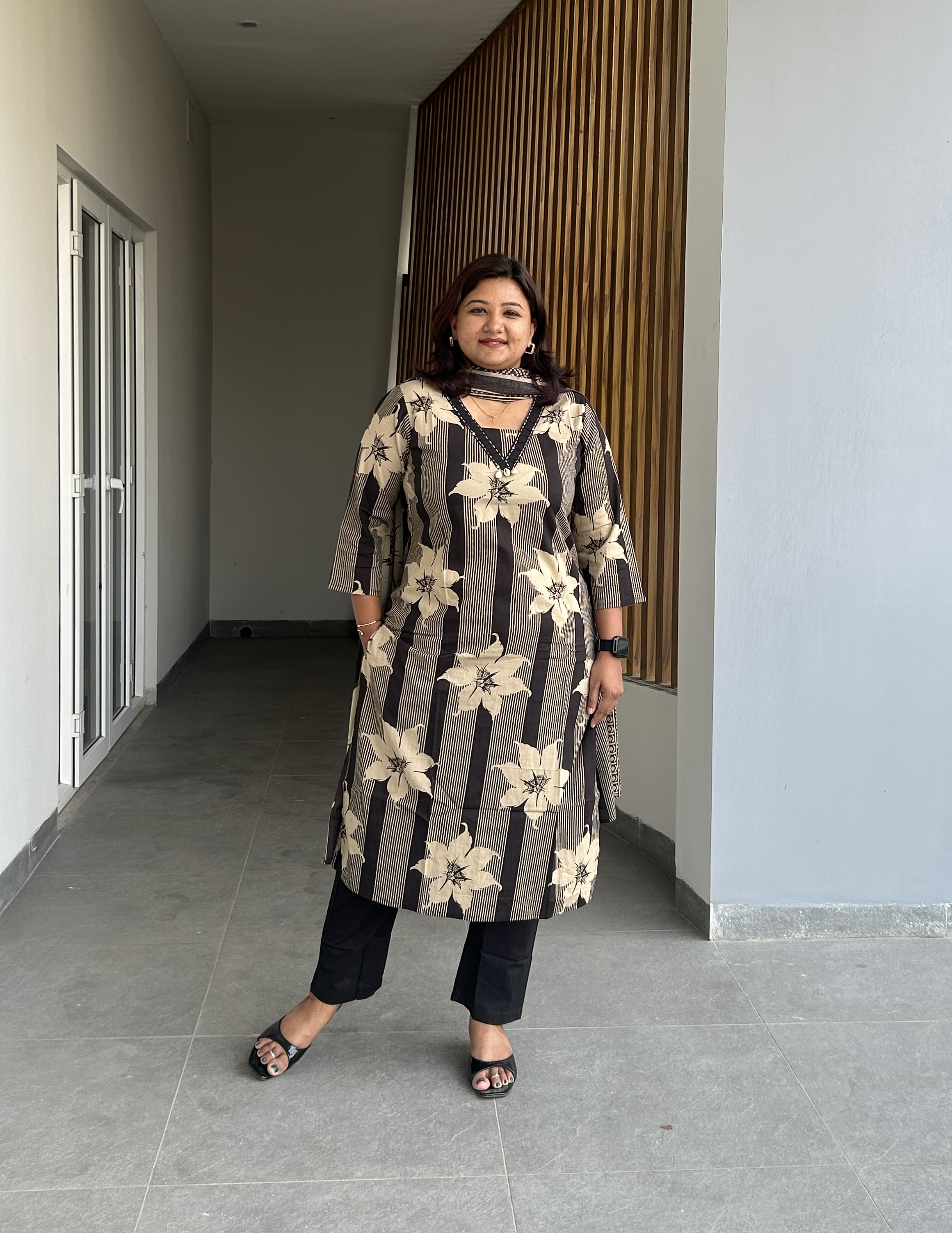 RMS149 - Warm Grey & Black Jaipur cotton suit with printed cotton dupatta