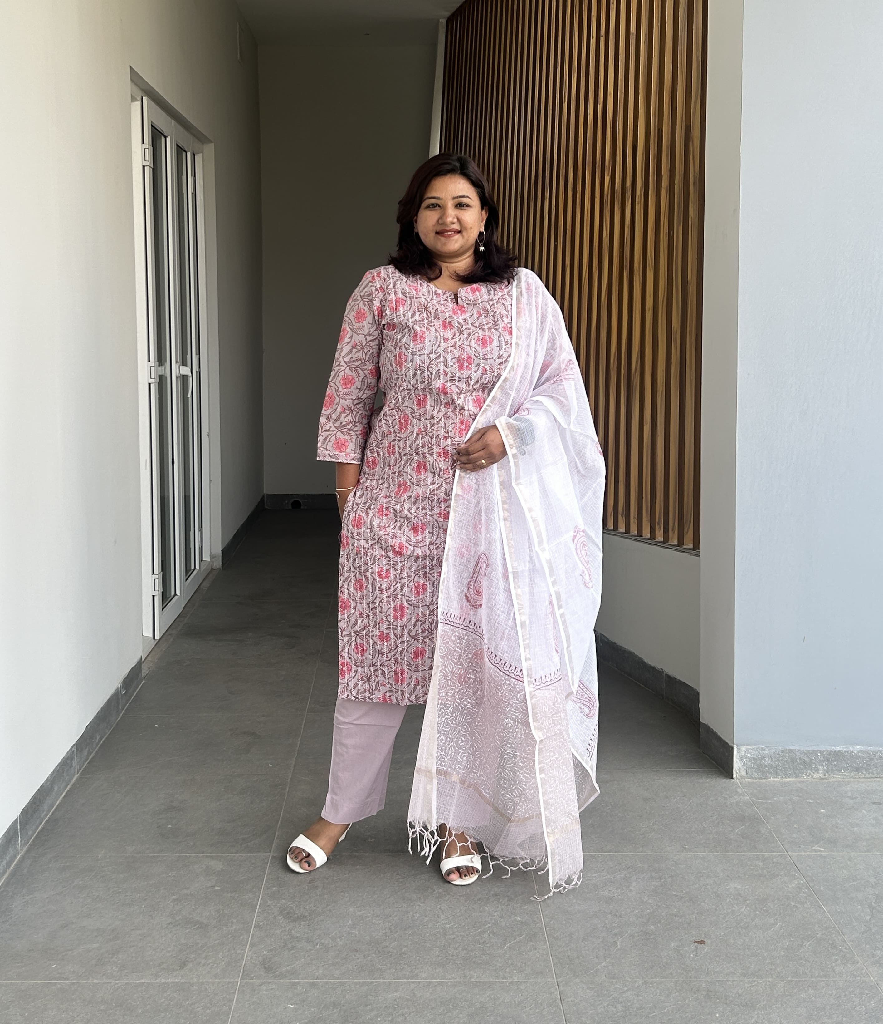 RMS161 - Lavender Cotton kurti set paired with White Kota dupatta