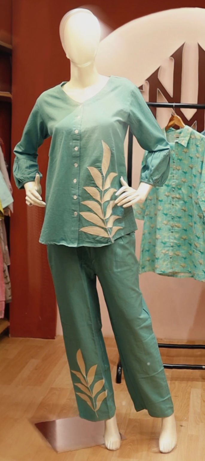 COD059 - Mint green with leaf embroidered co-ord set
