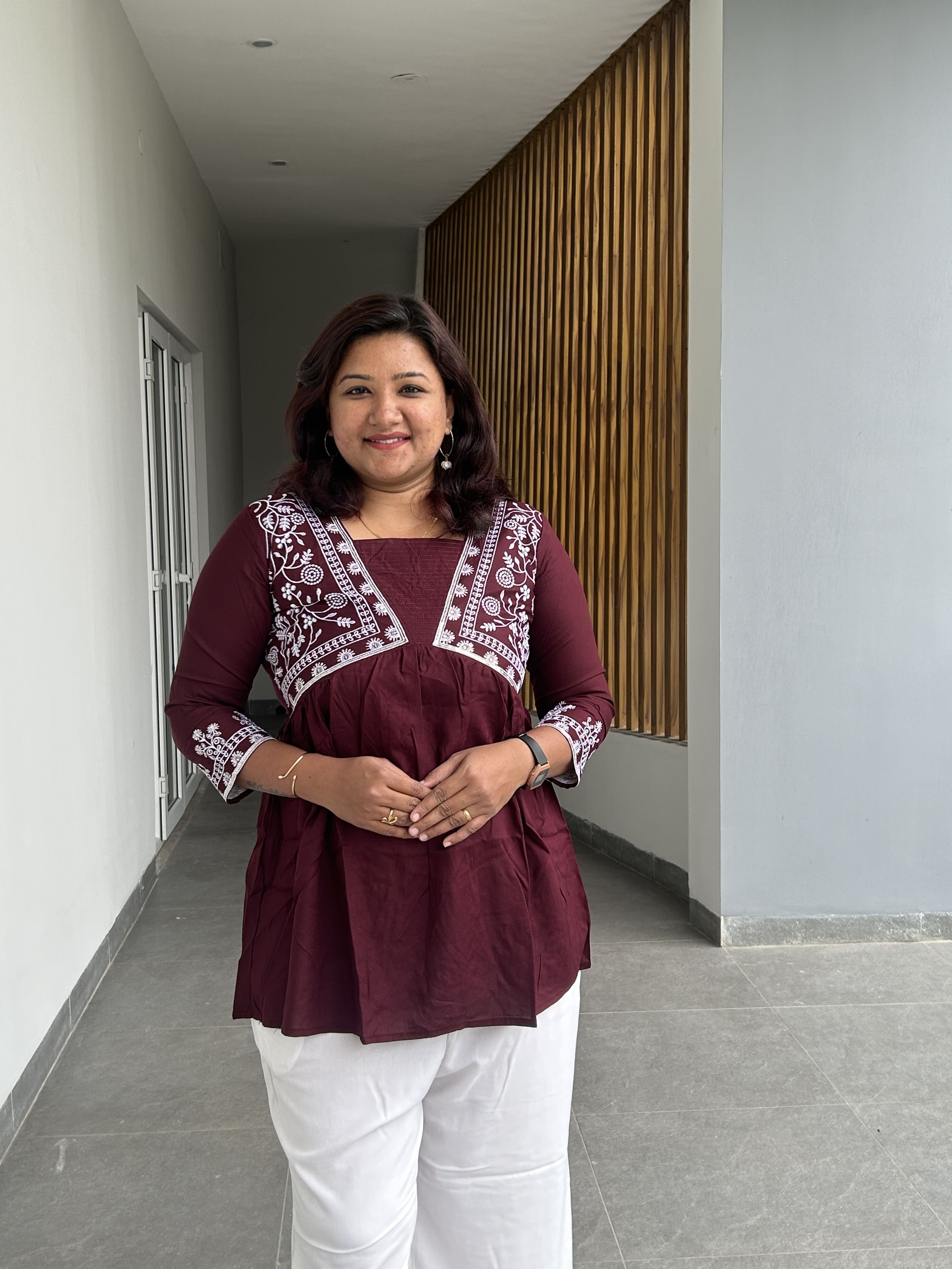 KUR195 - Maroon & white embroidered short kurti