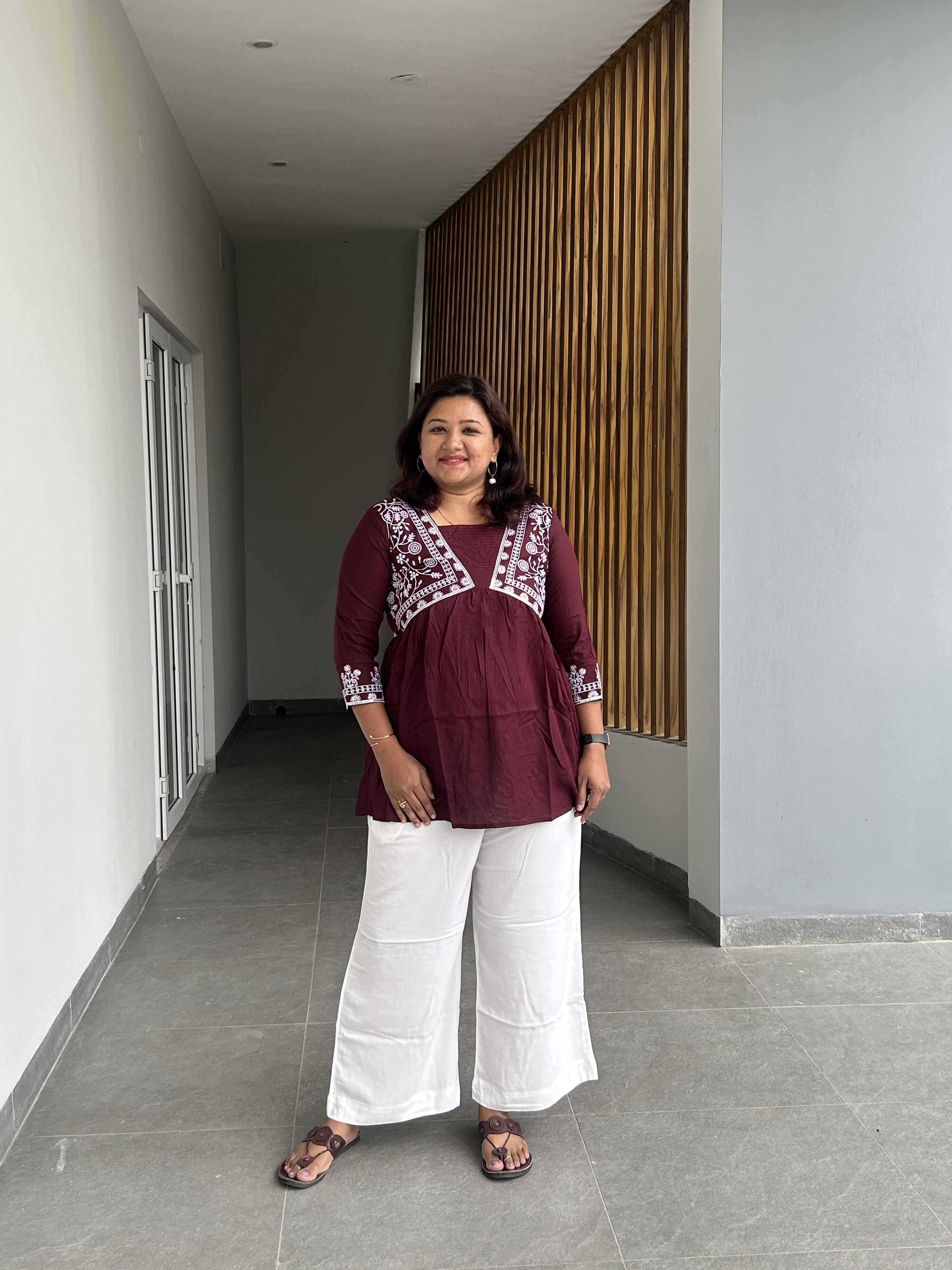 KUR195 - Maroon & white embroidered short kurti