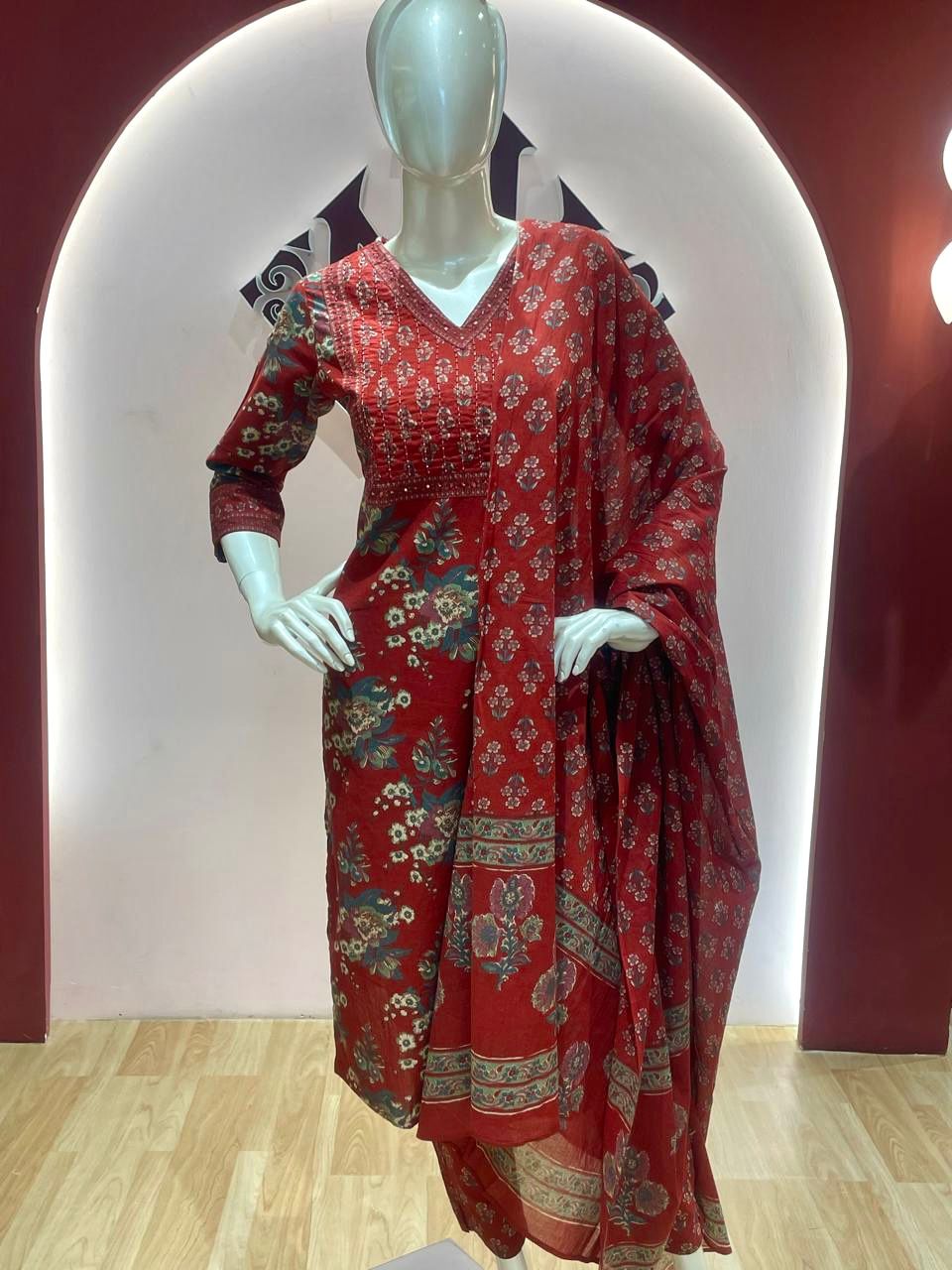 RMS175 - Maroon bead work yoke screen print cotton suit