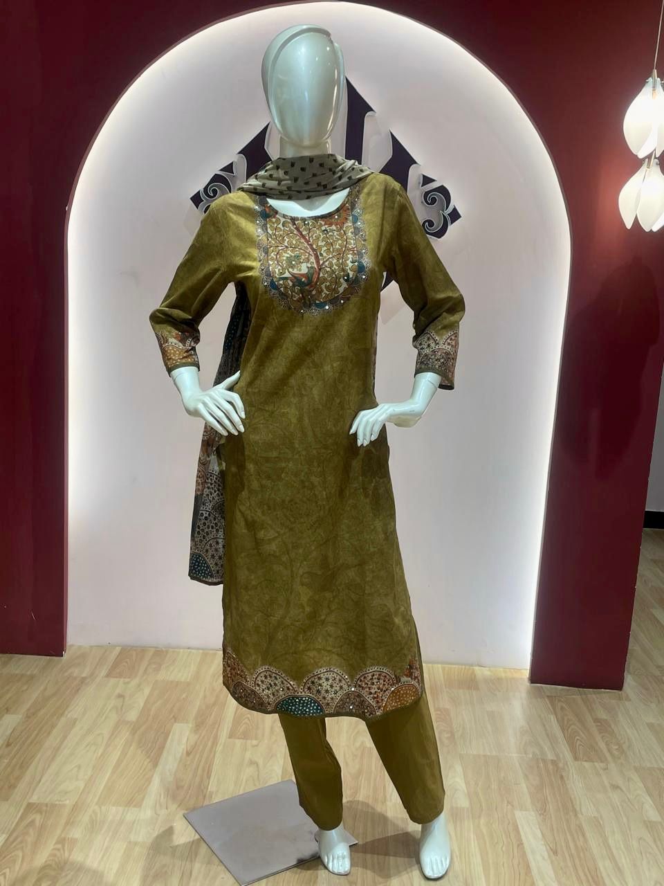RMS182 - Olive green cotton Printed set