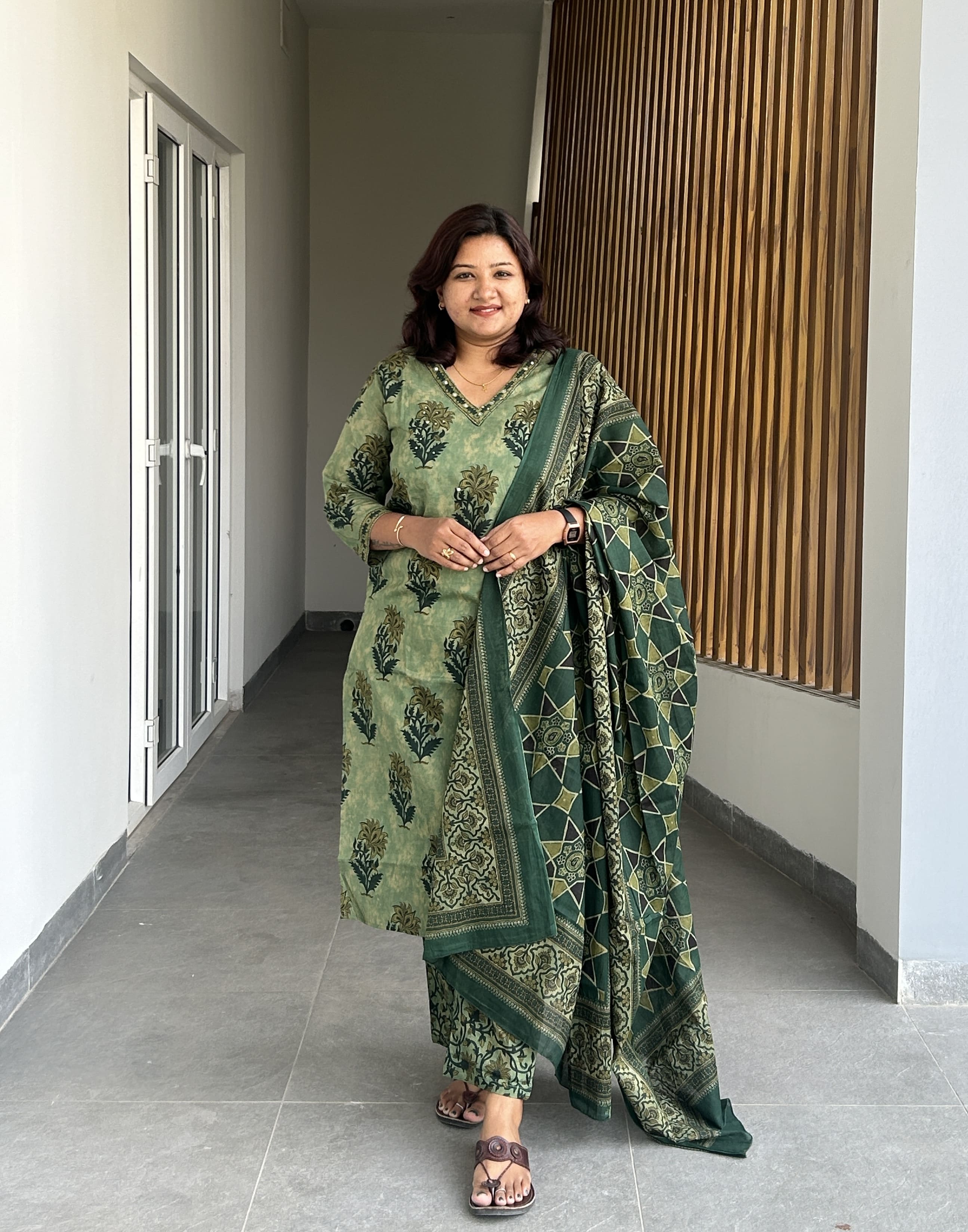 RMS168 - Dark green blockprint straight salwar suit