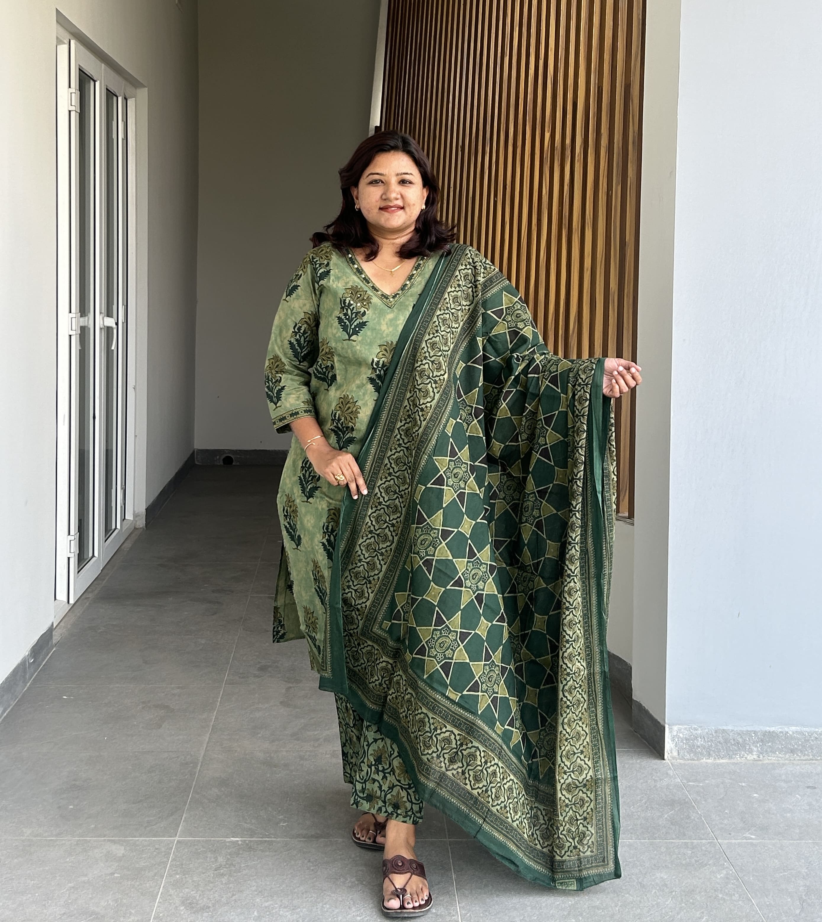 RMS168 - Dark green blockprint straight salwar suit