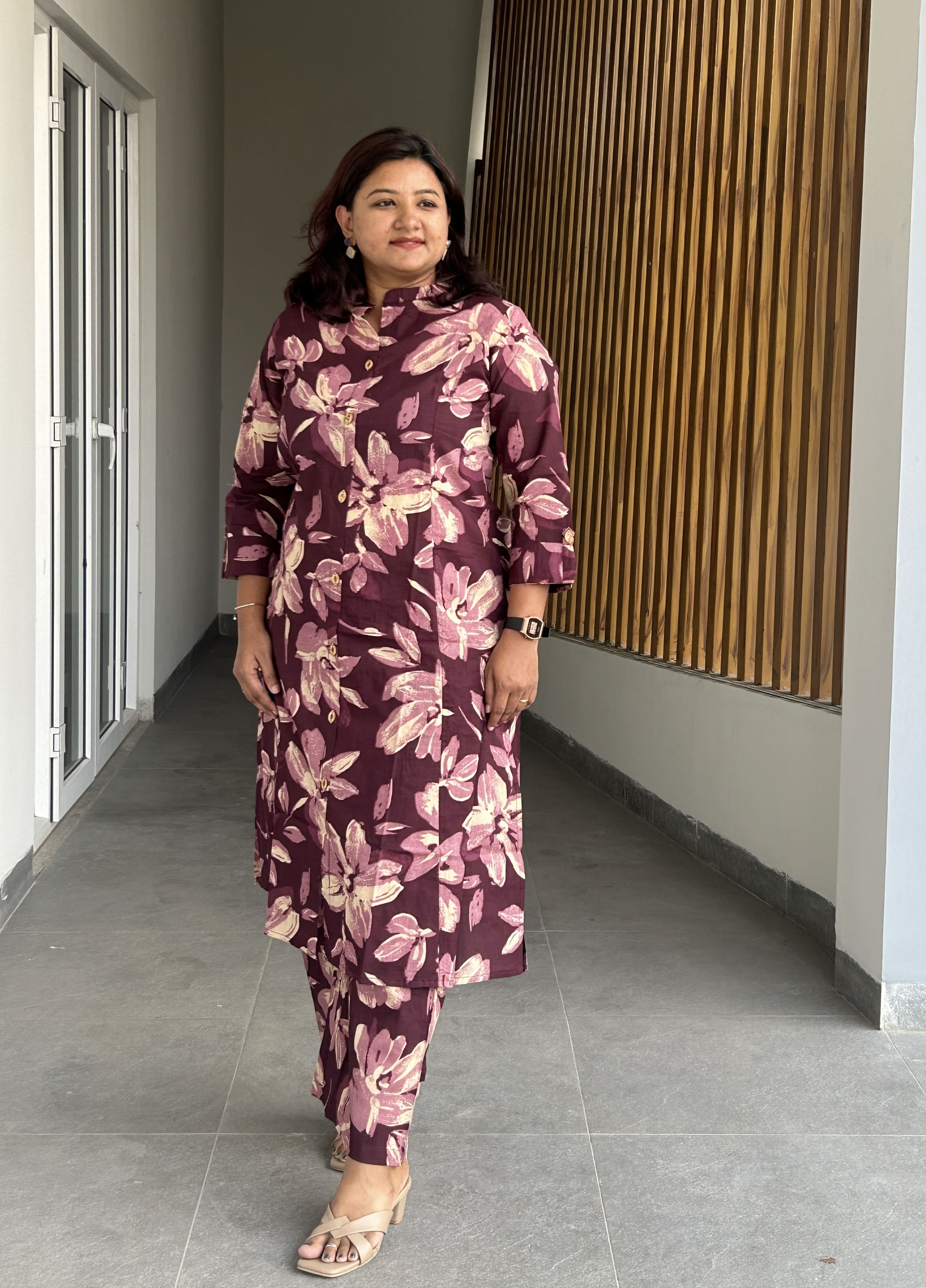 RMS184 - Burgundy Floral mandarin collar cotton suit