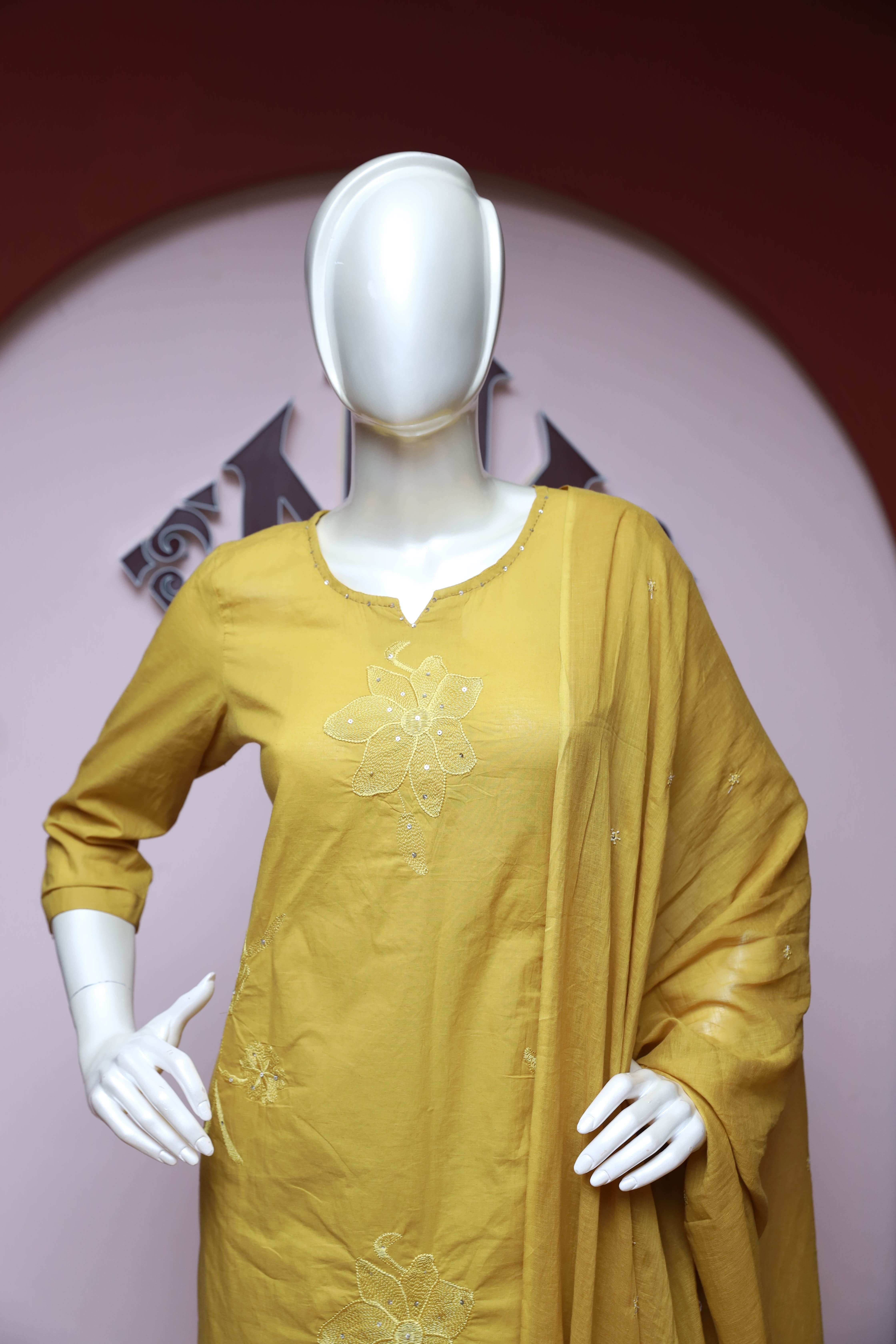 RMS208 - Mustard Jaipuri Cotton Embroidered set